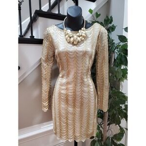 Charlotte Russe Women's Beige Sequin Boat Neck Long Sleeve Knee Length Dress S